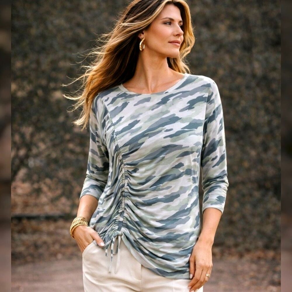 NWT Cato Plus 18 20W Camo Ruched Tie Front Long Sleeve Top Green Gray Stretch